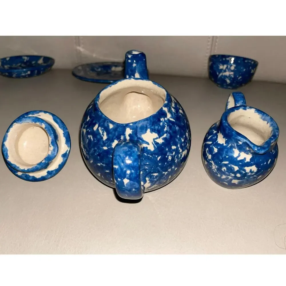 Rare 1987 Signed Barb Hall Miniature 5pc Blue Spongeware Tea Set 